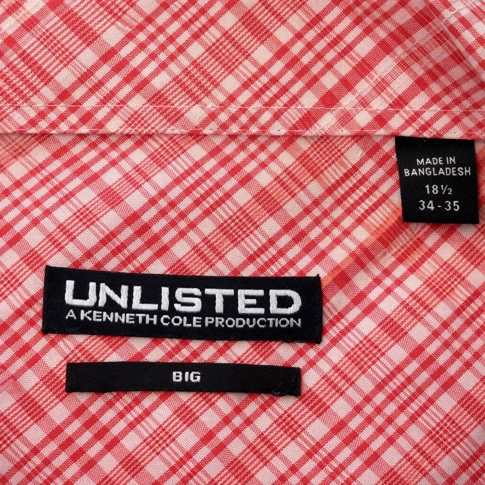 Men’s Unlisted Kenneth Cole Dress Shirt 18.5 34/35 Red Plaid Big & Tall - Picture 4 of 6